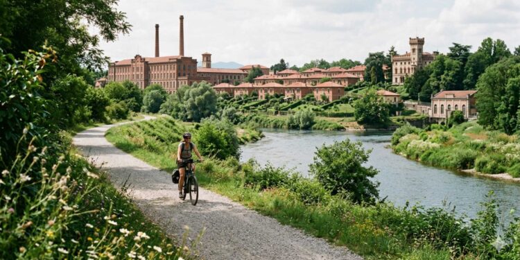 Visitare Crespi d'Adda in bicicletta guida all'itinerari (generata con AI a solo scopo illustrativo)